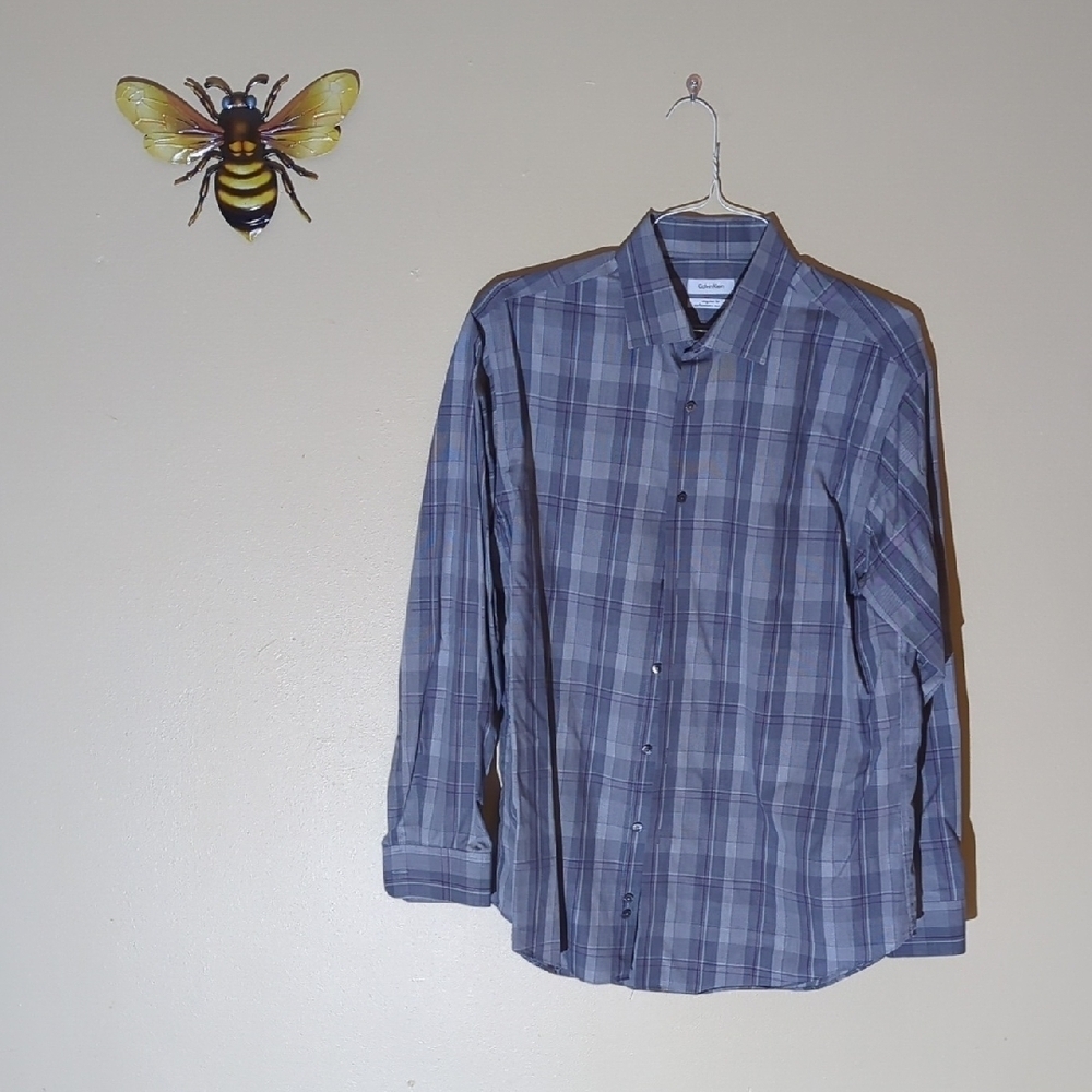Calvin Klein Men's Blue and Gray Checkered Shirt